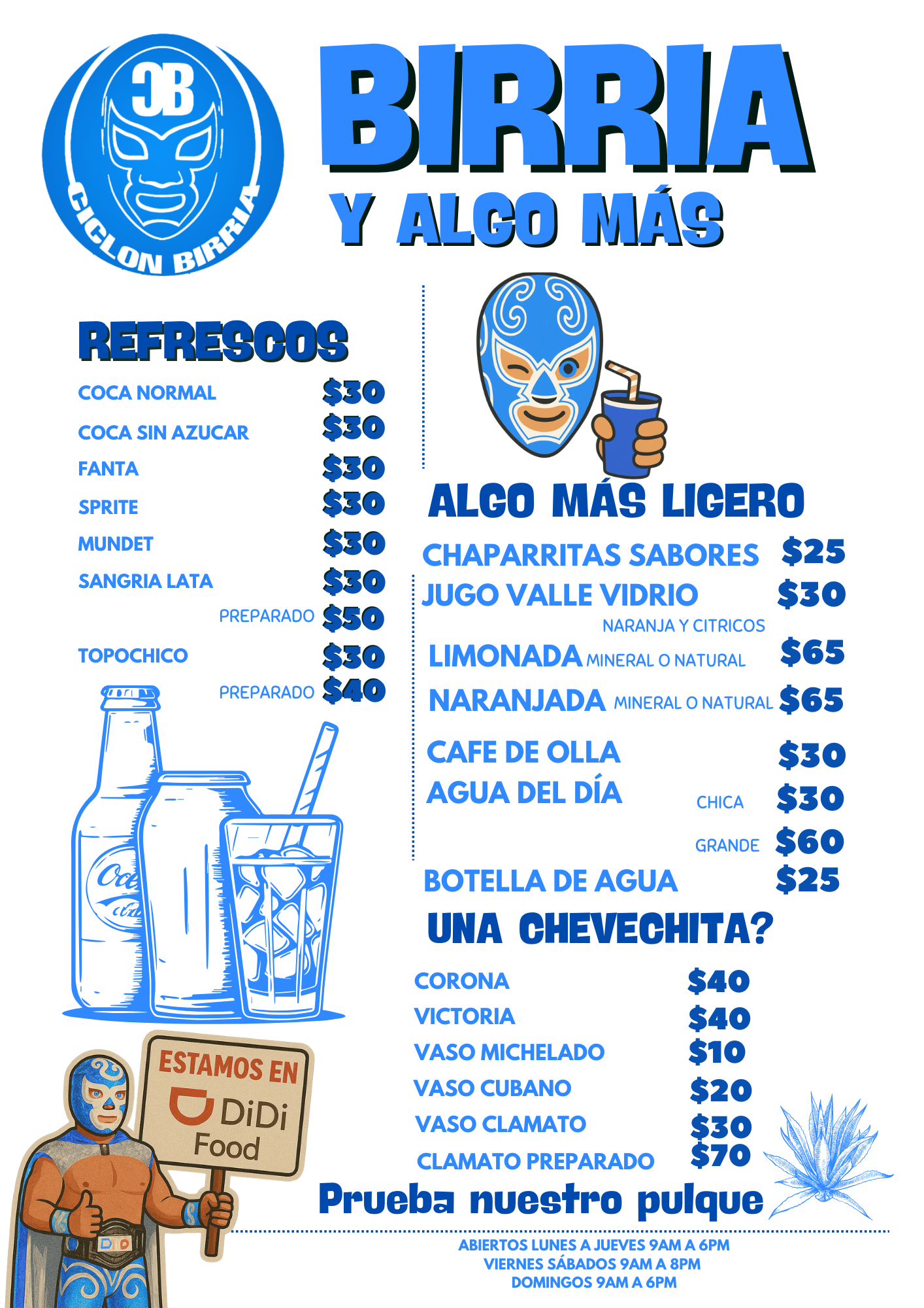 Menú Ciclón Birria — bebidas y extras